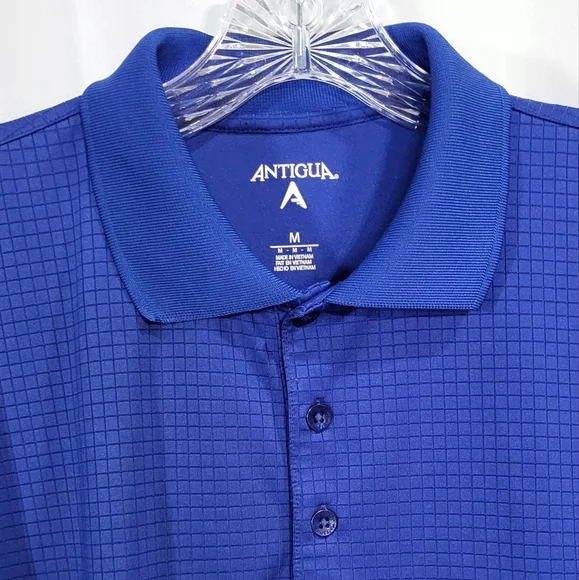 Antigua Men's Cobalt Blue Logo Windowpane 3 Button Polo Shirt Size Medium EUC - Picture 3 of 6